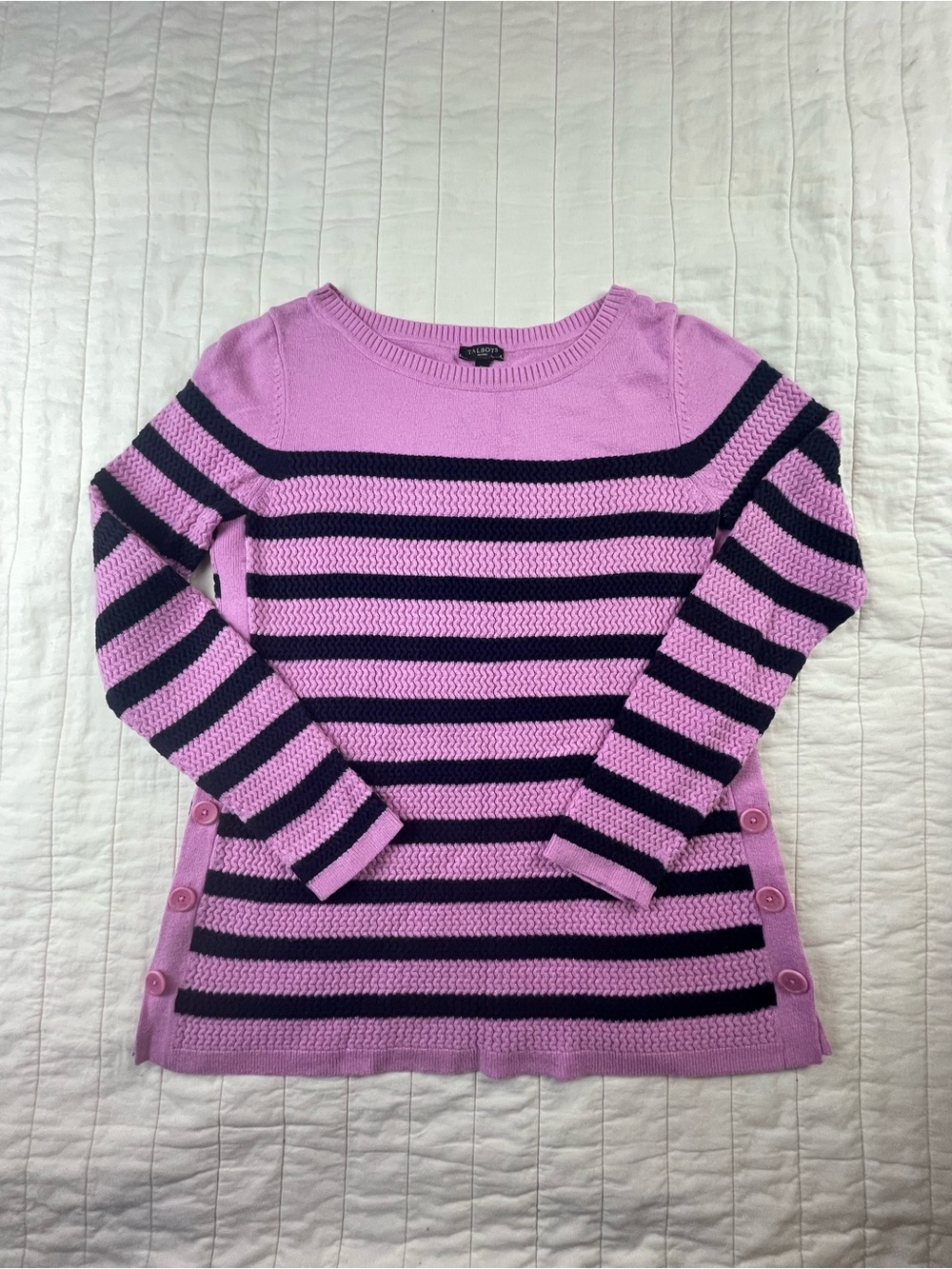 Talbots Striped Crewneck Sweater Cute Button Details Petite Small